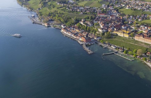 Zeppelin flight over Lake Constance, aerial view, Meersburg with castle, new castle, harbour and
