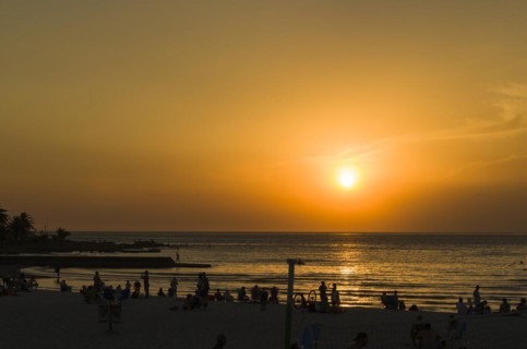Montevideo, Uruguay, 11th January 2022, Beautiful sunset on Ramires beach with bathers on a summer