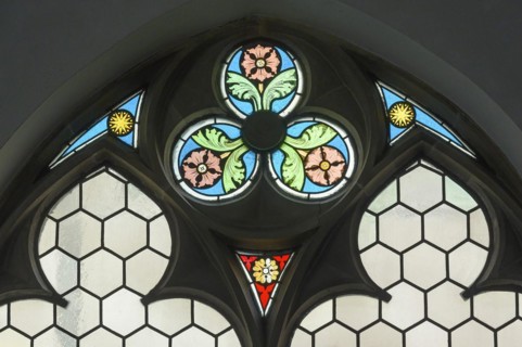 Colourful lancet window, Church of St. Martin, Kaufbeuern, Allgaeu, Swabia, Bavaria, Germany,