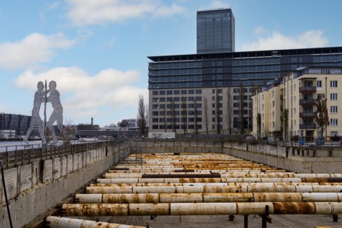 Excavation pit at a major construction site in Treptow, Berlin, Germany, Europe