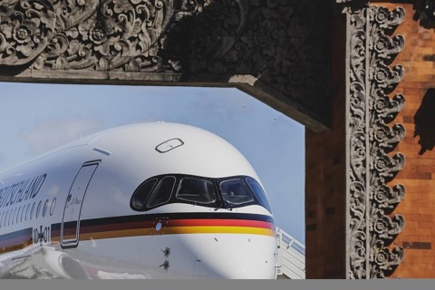 The government aircraft A350 stands during a refuelling stop at Denpasar airport, 02.05.2024.