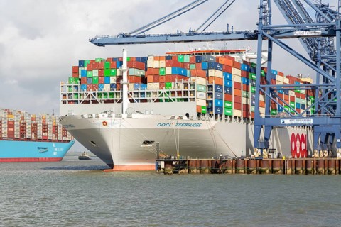 OOCL Zeebrugge container ship at quayside Port of Felixstowe, Suffolk, England, UK