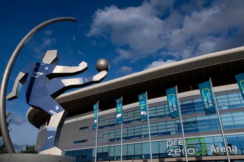 Exterior view, front, glass facade, logo, flags, PreZero Arena, Sinsheim, Baden-Wuerttemberg,