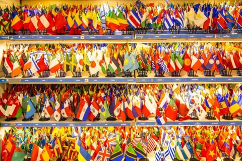 Flags in the visitor shop at the UN headquarters in New York