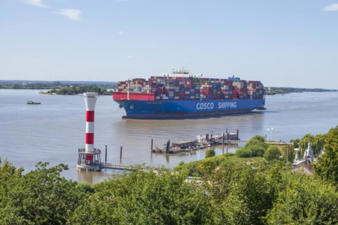 Cosco container ship and lighthouse on the Elbe, Blankenese district, Hamburg, Germany, Europe