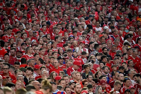 Spectators, fans, fan curve, fan block, FC Bayern Munich, FCB, Allianz Arena, Munich, Bavaria,