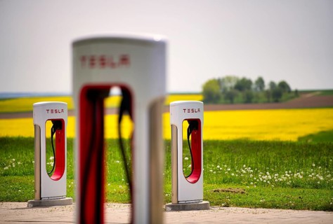 Tesla Supercharger in front of rapeseed field, logo, charging station for electric cars, charging