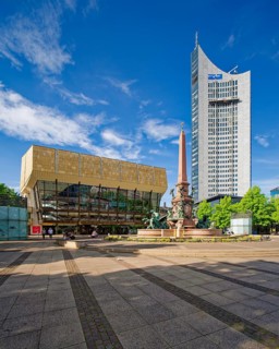 Gewandhaus, Mendebrunnen and City-Hochhaus on Augustusplatz, Leipzig, Saxony, Germany, Europe