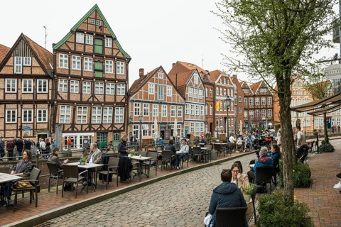 Half-timbered houses and restaurants in the old town, Buxtehude, Altes Land, Lower Saxony, Germany,