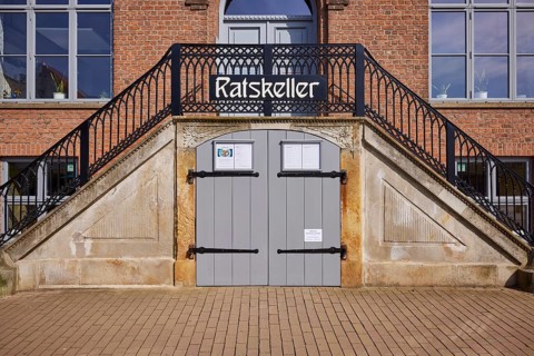 Entrance to the Ratskeller restaurant in the Old Town Hall in Husum, North Friesland district,