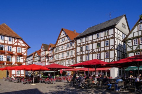 Old town hall, half-timbered houses, market square, Eschwege, Werratal, Werra-Meissner district,