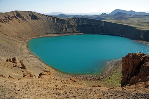 The volcanic lake Viti and mountains, Krafla, Myvatn, Iceland, Europe