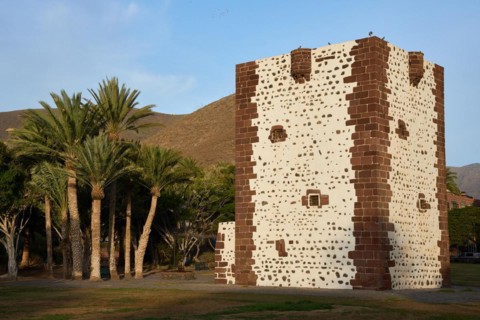 Torre del Conde, Tower of the Count, medieval tower in the park, Parque de la Torre with Palm