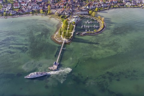 Marina, landing stage with excursion boat SCHWABEN of the White Fleet, aerial view in spring,