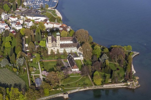 Schlosshorn with castle and castle church, Tourism at Lake Constance, Aerial view, Friedrichshafen,
