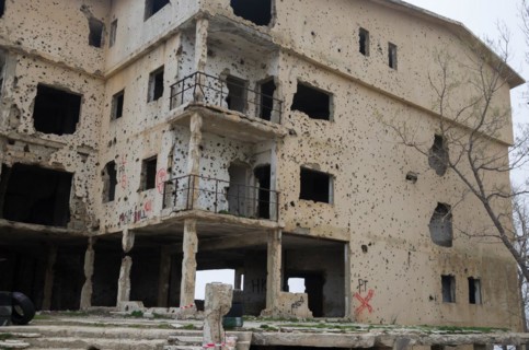 Beqaa, Lebanon, April 04, 2017: Marks of War, Lebanese house machine-gunned, bombed, destroyed by