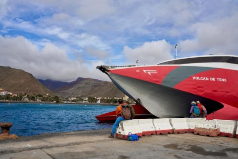 Travellers waiting at the ferry from San Sebstian de la Gomera to los Christianos on Tenerife, San