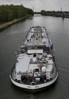The motor tanker Wiki leaves the Wanne-Eickel lock system into the underwater, Rhine-Herne Canal,