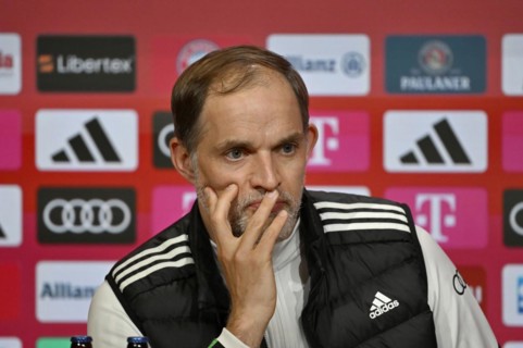 Coach Thomas Tuchel FC Bayern Munich FCB pensive, Press conference, PK, Allianz Arena, Munich,