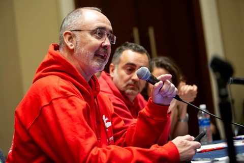 Chicago, Illinois, Shawn Fain, president of the United Auto Workers union, speaks at a workshop