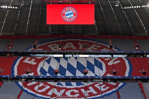 Interior view Allianz Arena, north curve, empty, logo, FC Bayern Munich, FCB, scoreboard, Munich,