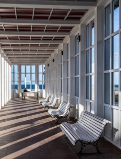 Benches under a balustrade on the Baltic Sea beach, Binz, Ruegen, Germany, Europe