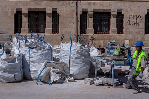 Construction workers with yellow safety waistcoats, Cadiz, Andalusia, Spain, Europe