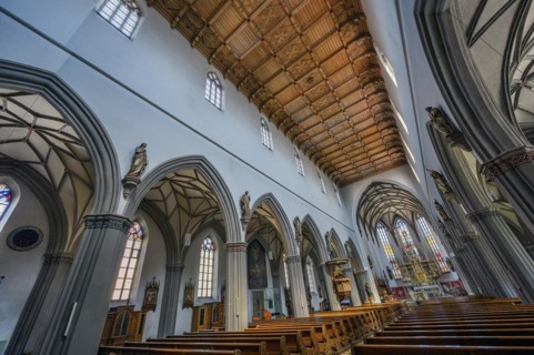 Nave with coffered ceiling, St Martin's Church, Kaufbeuern, Allgaeu, Swabia, Bavaria, Germany,
