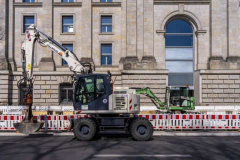 Construction machinery and materials at a building site, Berlin, Germany, Europe