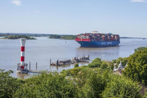 Cosco container ship and lighthouse on the Elbe, Blankenese district, Hamburg, Germany, Europe