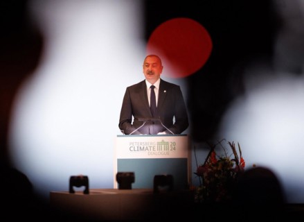 Ilham Aliyev, President of Azerbaijan, gives a speech at the Petersberg Climate Dialogue 2024 at