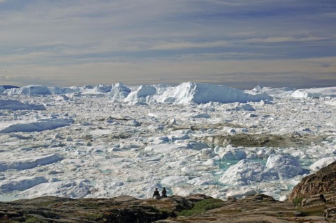 People sitting in front of fjord covered with ice and icebergs, ice fjord, Sermermuit, summer,