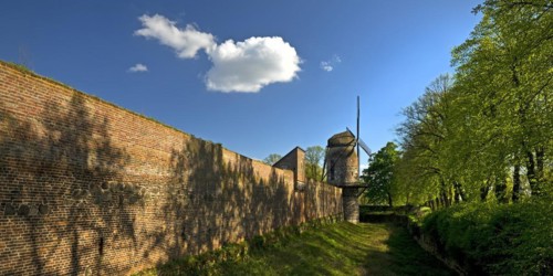 Town wall with mill tower of the historic windmill in Zons, Dormagen, Lower Rhine, North