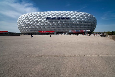 Exterior view Allianz Arena, Logo, Munich, Bavaria, Germany, Europe