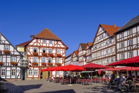 Old town hall, half-timbered houses, market square, Eschwege, Werratal, Werra-Meissner district,