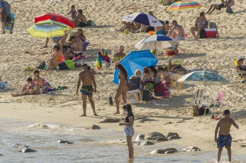 Montevideo, Uruguay, 11th January 2022, Beautiful sunset on Pocitos beach with bathers on a summer