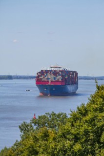 Cosco container ship on the Elbe, Blankenese district, Hamburg, Germany, Europe