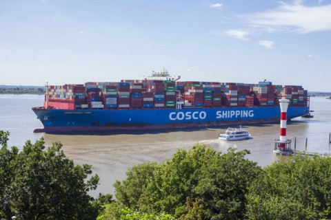 Cosco container ship and lighthouse on the Elbe, Blankenese district, Hamburg, Germany, Europe