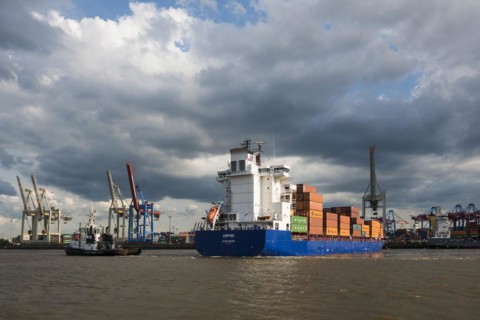Container ship in the harbour, Oevelgoenne, Oat, Germany, Europe