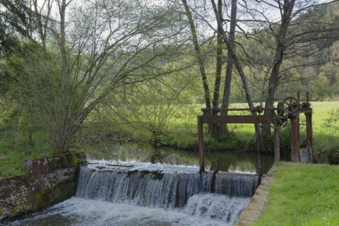 Weir on the Rot near Wielandsweiler, Mainhardter Wald, Schwaebisch-Fraenkischer Wald Nature Park,