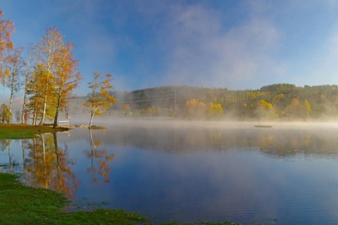 Sunrise and autumnal morning mist over a calm lake, foliage colouring, Bullaren, Bohuslaen. Sweden