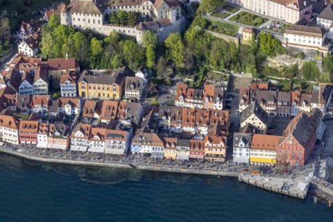 Old town and harbour promenade, castle and new castle, aerial view from a zeppelin, Meersburg on