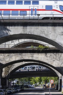 Railway bridges at Nordbahnhof with InterCity IC, infrastructure of Deutsche Bahn AG, concrete arch