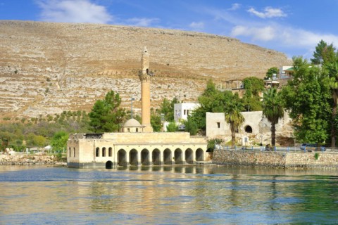 Partly submerged mosque of Eski Halfeti due to the construction of the Birecik dam on the Euphrates