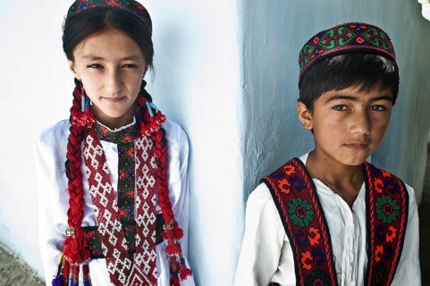Traditionally dressed Pamiri children, Wakhan valley, Tajikistan, Central Asia, Asia