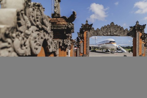 The government aircraft A350 stands during a refuelling stop at Denpasar airport, 02.05.2024.