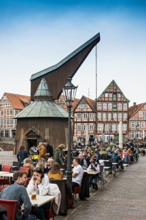 Half-timbered houses and restaurants in the old town, Buxtehude, Altes Land, Lower Saxony, Germany,