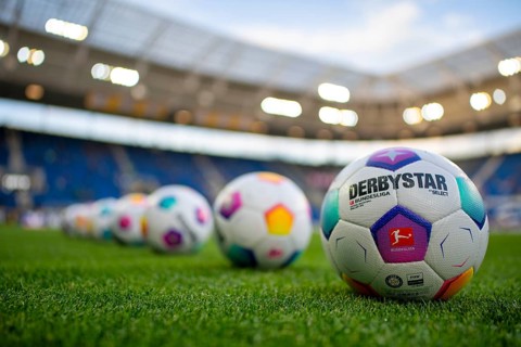 Adidas Derbystar match balls on the pitch, PreZero Arena, Sinsheim, Baden-Wuerttemberg, Germany,