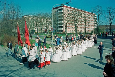 Altar servers, children on the day of their first communion, girls, procession, Bamberg, Upper