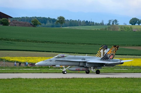 Swiss Air Force squadron aircraft J-5011 of the type McDonnell Douglas FA 18C Hornet with tiger